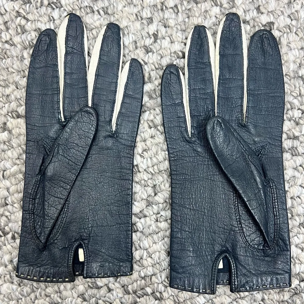 Vintage mid-century Morgan's blue white woven Italian leather driving gloves 6